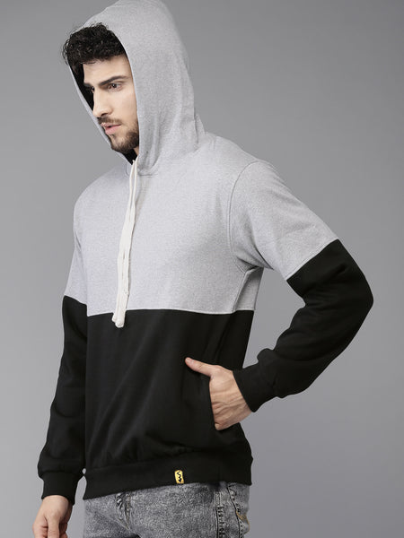 Campus Sutra (Men Black & Grey Colourblocked Hooded Sweatshirt)