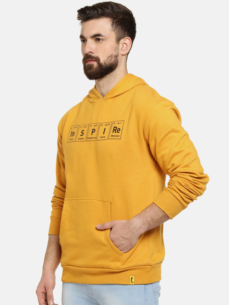 Campus Sutra (Men Mustard Yellow Printed Hooded Pullover Sweatshirt)